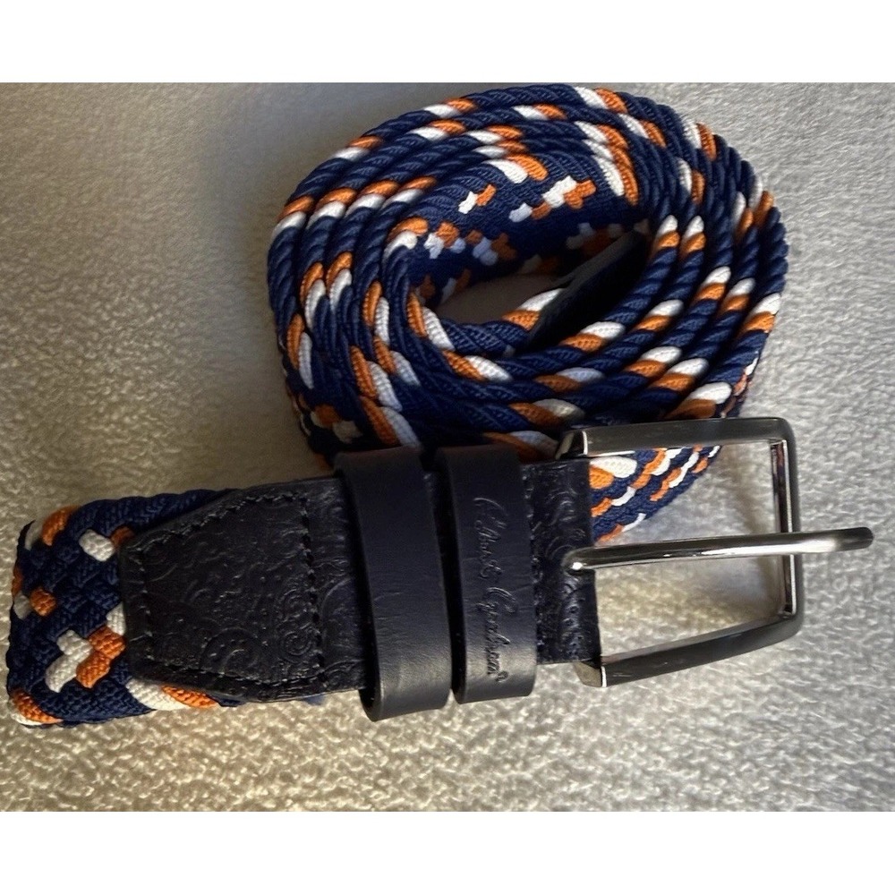 Robert Graham Braided Belt 57" Waist Navy Orange White Woven Leather Trim